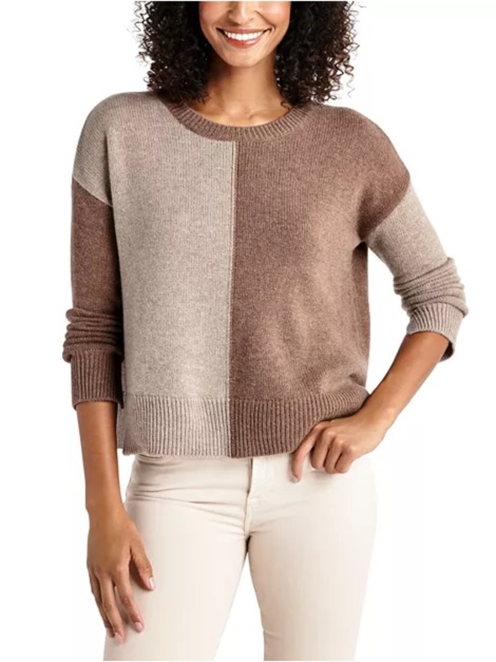 Splendid Two-Tone Colorblock Crewneck Sweater — Beige & Brown